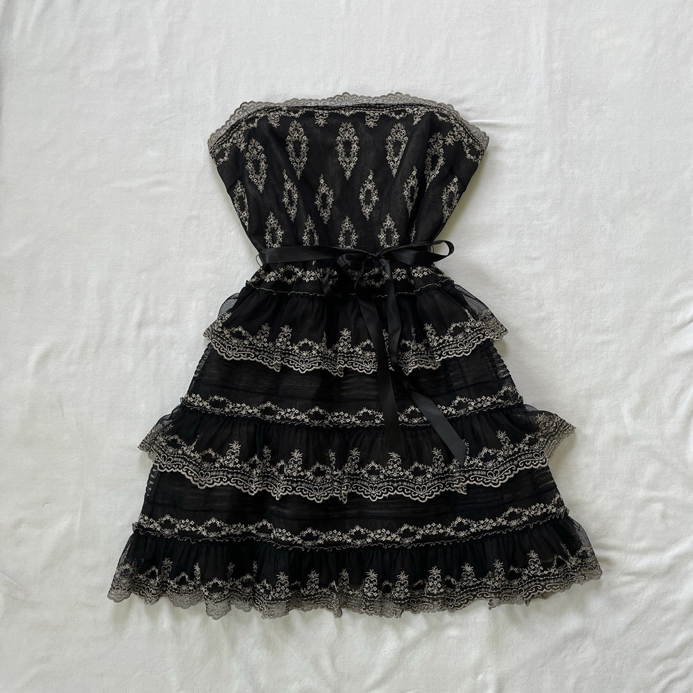 Y2K BCBG Maxazaria Cupcake Dress Strapless Evening Size 6 Lace Tulle Tiered Vtg - Picture 1 of 13